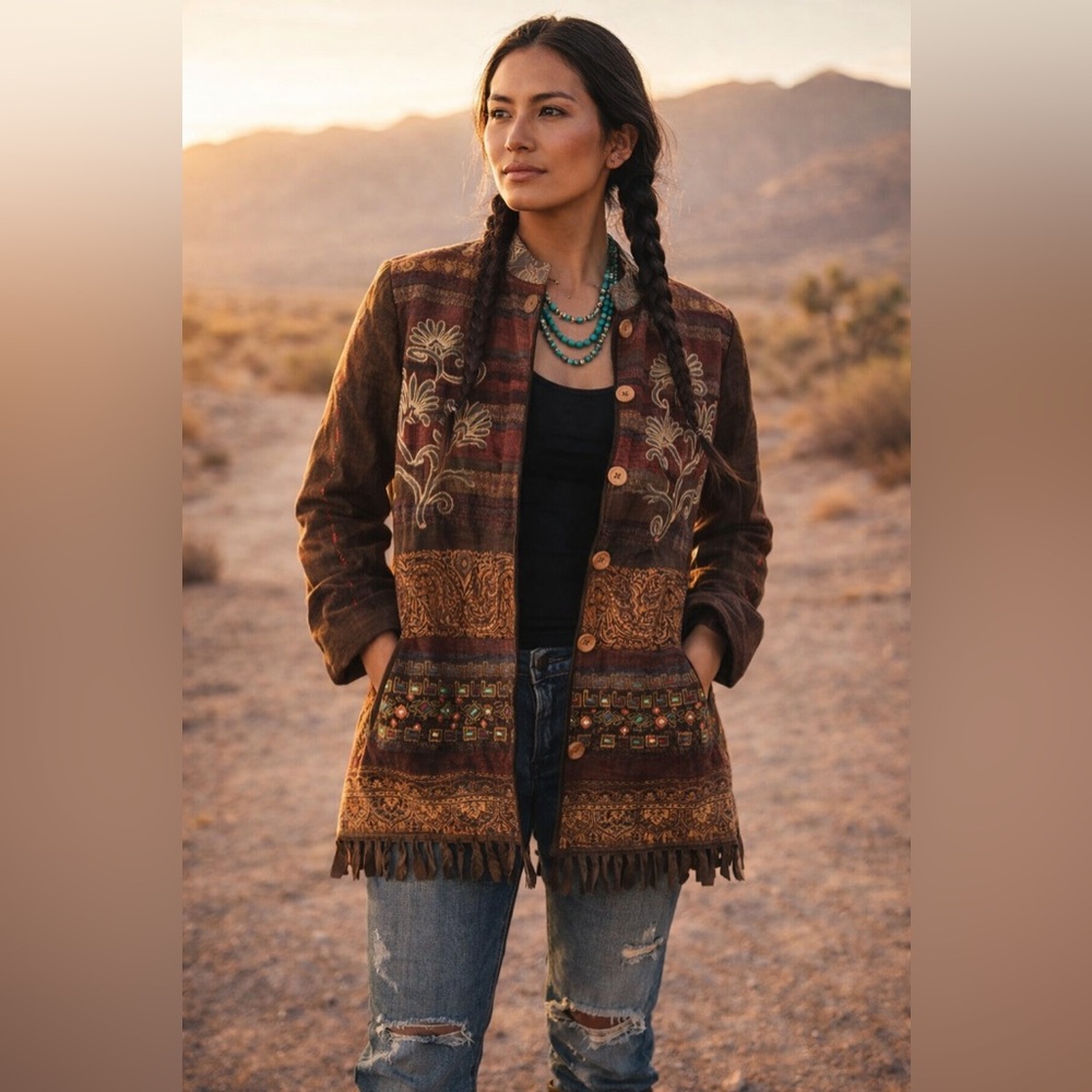 Charisma Boho Tapestry Embroidered Jacket Fringe Hem Festival Coat Womens S